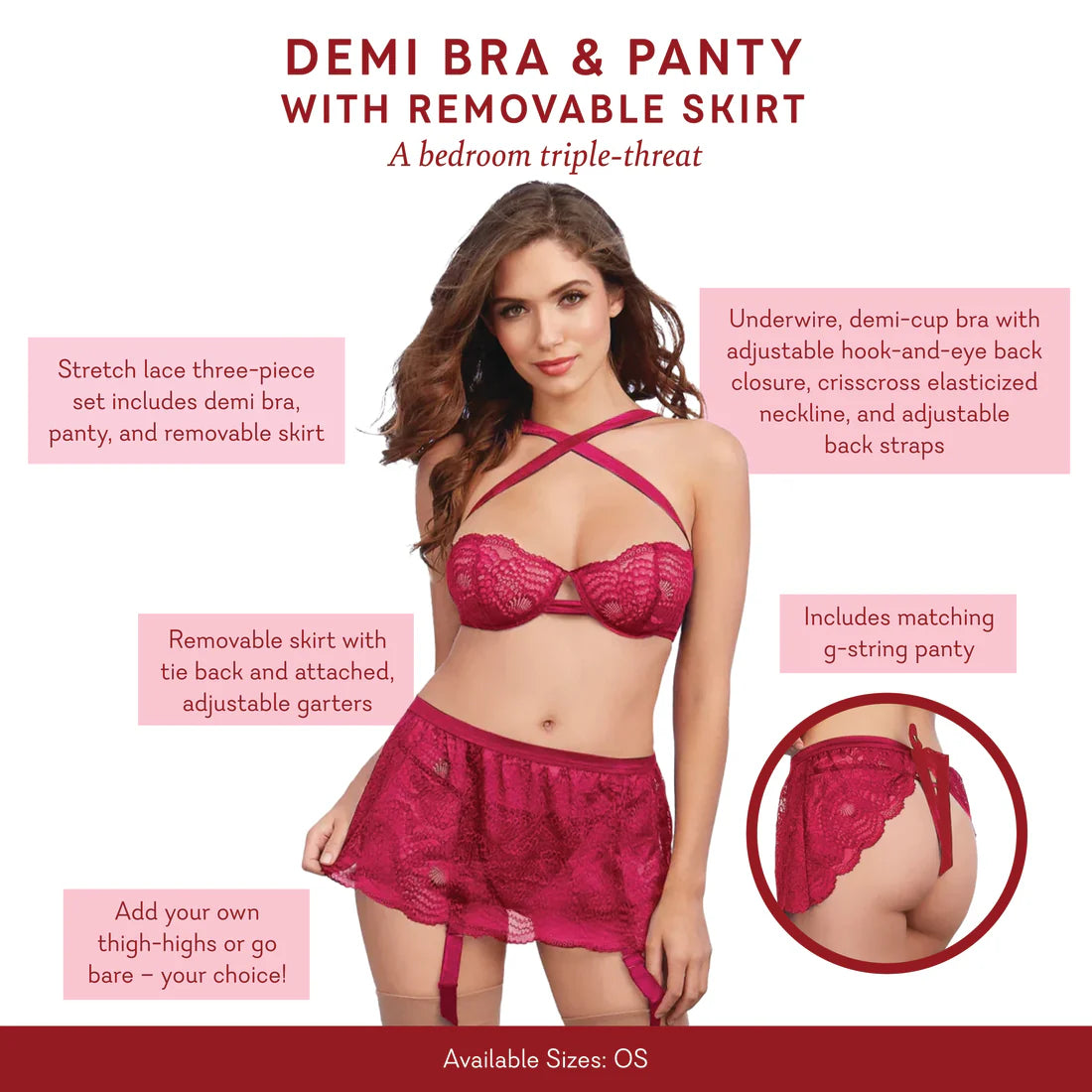 Demi Bra & Panty with Removable Skirt - One Size-LIMITED